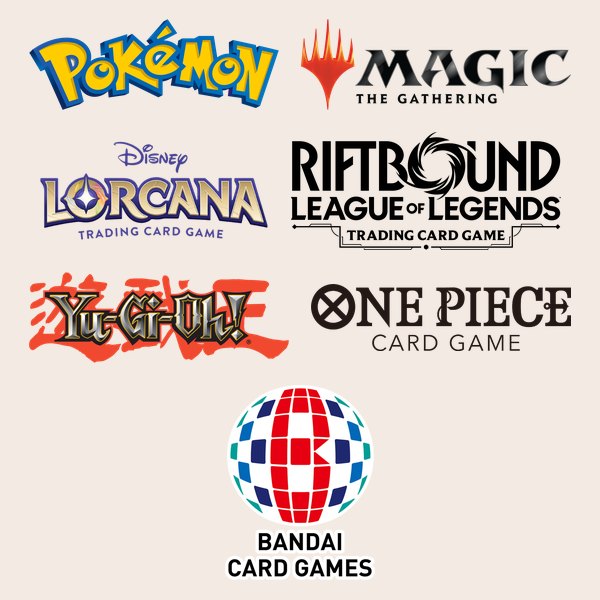 Logos of trading card games: Pokémon, Disney Lorcana, Yu-Gi-Oh!, Riftbound, Magic: The Gathering, One Piece and Bandai Card Games