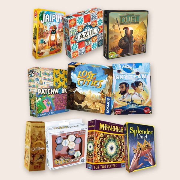 Box covers of two-player games: Jaipur, Azul, 7 Wonders Duel, Patchwork, Lost Cities, Sky Team, Onitama, Hive Pocket, Mandala and Splendor Duel